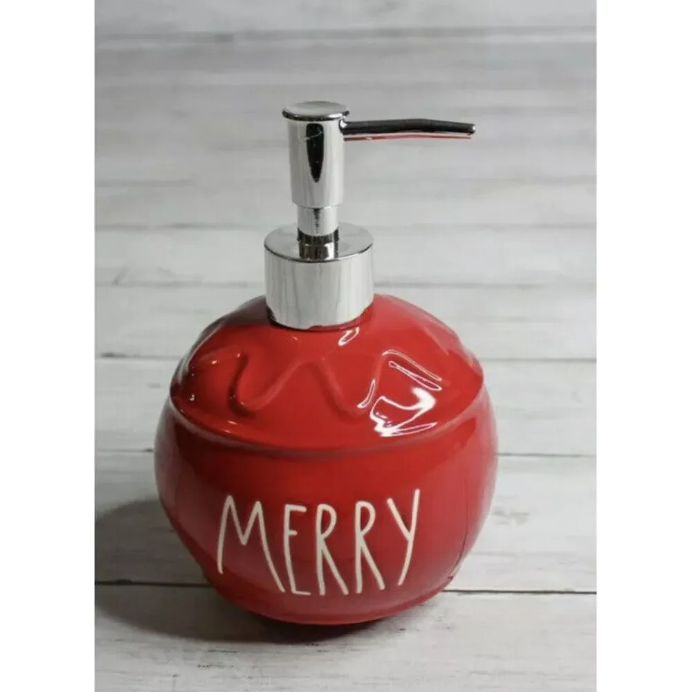 Rae‎ Dunn MERRY Red Christmas Ornament Soap Ceramic Pump Lotion Dispenser